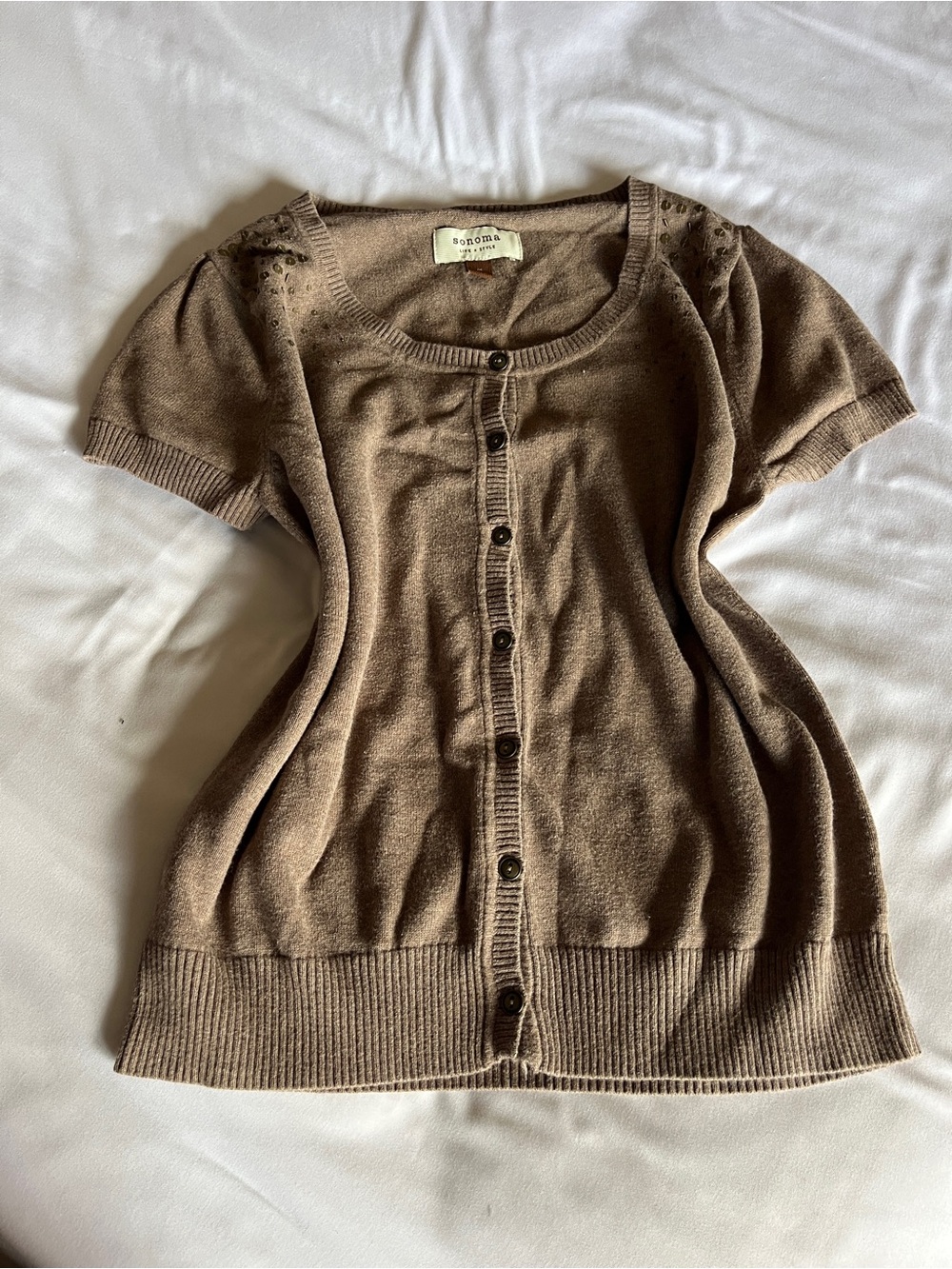 Sonoma Life + Style Size M Brown Cotton Sequined Short Sleeve Cardigan Top
